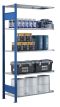 Fachbodenregal Stecksystem, Anbauregal, beidseitig nutzbar, H3500xB1300xT300, 7 Fachböden, Fachlast 150kg, RAL 5010 enzianblau / verzinkt