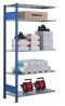 Fachbodenregal Stecksystem, Anbauregal, beidseitig nutzbar, H2500xB1300xT300, 6 Fachböden, Fachlast 85kg, RAL 5010 enzianblau / verzinkt