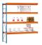 Weitspannregal W 100, Anbauregal mit 3 Ebenen Stahlpaneele, Höhe 2000 mm, Breite 2500 mm, Tiefe 600 mm, blau / orange / verzinkt