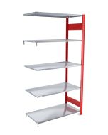 Fachbodenregal Stecksystem, Anbauregal, beidseitig nutzbar, H2000xB1000xT400 mm, 5 Fachböden, Fachlast 150 kg, RAL 3000 feuerrot / verzinkt
