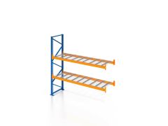 Palettenregal, Anbauregal mit Drahtgitterboden, 3 Lagerebenen, H2500xB1825xT1100 mm, Fachlast 3000 kg, 6 Palettenplätze, Rahmen blau, Traverse orange