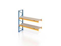 Palettenregal, Anbauregal mit Spanplatten, 3 Lagerebenen, H2500xB1825xT1100 mm, Fachlast 3000 kg, 6 Palettenplätze, Rahmen blau, Traverse orange