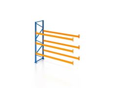 Palettenregal, Anbauregal, 4 Lagerebenen, H2500xB3600xT1100 mm, Fachlast 4700 kg, 16 Palettenplätze, Rahmen blau, Traverse orange