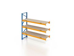 Palettenregal, Anbauregal mit Spanplatten, 4 Lagerebenen, H7000xB3600xT1100 mm, Fachlast 4700 kg, 16 Palettenplätze, Rahmen blau, Traverse orange