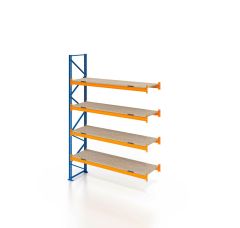Palettenregal, Anbauregal mit Spanplatten, 5 Lagerebenen, H5000xB3600xT1100 mm, Fachlast 4700 kg, 20 Palettenplätze, Rahmen blau, Traverse orange