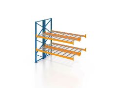 Palettenregal, Doppelregal, Anbauregal mit Drahtgitterboden, 3 Lagerebenen, H2500xB1825xT2x1100 mm, Fachlast 3800 kg, 12 Palettenplätze, Rahmen blau, Traverse orange