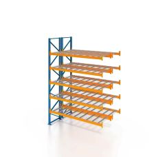 Palettenregal, Doppelregal, Anbauregal mit Drahtgitterboden, 6 Lagerebenen, H3500xB1825xT2x1100 mm, Fachlast 3800 kg, 24 Palettenplätze, Rahmen blau, Traverse orange
