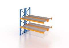 Palettenregal, Doppelregal, Anbauregal mit Gitterrost 1000 kg/m² Traglast, 3 Lagerebenen, H2500xB1825xT2x1100 mm, Fachlast 3800 kg, 12 Palettenplätze, Rahmen blau, Traverse orange