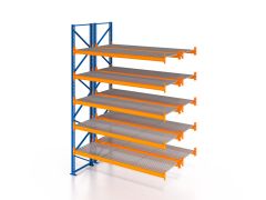 Palettenregal, Doppelregal, Anbauregal mit Gitterrost 750 kg/m² Traglast, 6 Lagerebenen, H3500xB1825xT2x1100 mm, Fachlast 3800 kg, 24 Palettenplätze, Rahmen blau, Traverse orange
