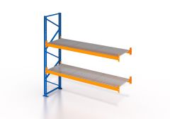 Palettenregal, Anbauregal mit Gitterrost 1000 kg/m² Traglast, 3 Lagerebenen, H2500xB1825xT1100 mm, Fachlast 3000 kg, 6 Palettenplätze, Rahmen blau, Traverse orange
