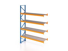Palettenregal, Anbauregal mit Gitterrost 750 kg/m² Traglast, 5 Lagerebenen, H5000xB3600xT1100 mm, Fachlast 4700 kg, 20 Palettenplätze, Rahmen blau, Traverse orange