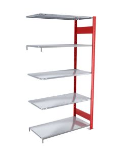 Fachbodenregal Stecksystem, Anbauregal, beidseitig nutzbar, H2300xB1000xT350 mm, 5 Fachböden, Fachlast 85 kg, RAL 3000 feuerrot / verzinkt