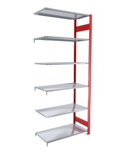 Fachbodenregal Stecksystem, Anbauregal, beidseitig nutzbar, H2500xB750xT350 mm, 6 Fachböden, Fachlast 85 kg, RAL 3000 feuerrot / verzinkt