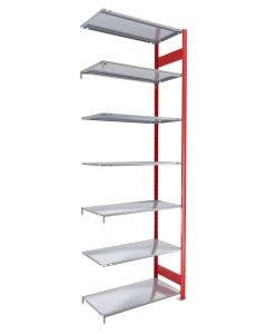 Fachbodenregal Stecksystem, Anbauregal, beidseitig nutzbar, H3000xB750xT400 mm, 7 Fachböden, Fachlast 150 kg, RAL 3000 feuerrot / verzinkt