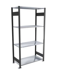 Fachbodenregal Stecksystem, Grundregal, beidseitig nutzbar, H1800xB750xT300 mm, 4 Fachböden, Fachlast 150 kg, schwarz / verzinkt