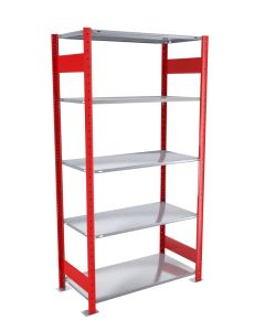 Fachbodenregal Stecksystem, Grundregal, beidseitig nutzbar, H2000xB1000xT800 mm, 5 Fachböden, Fachlast 330 kg, RAL 3000 feuerrot / verzinkt