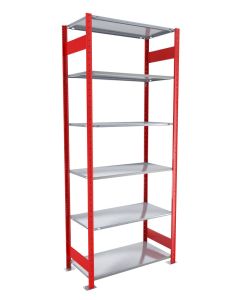 Fachbodenregal Stecksystem, Grundregal, beidseitig nutzbar, H2500xB1300xT300 mm, 6 Fachböden, Fachlast 250 kg, RAL 3000 feuerrot / verzinkt