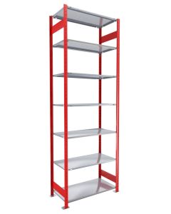 Fachbodenregal Stecksystem, Grundregal, beidseitig nutzbar, H3000xB750xT500 mm, 7 Fachböden, Fachlast 150 kg, RAL 3000 feuerrot / verzinkt