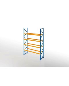 Schwerlastregal, Palettenregal, 4700 kg Fachlast, H5000xB3600xT1100 mm, 5 Lagerebenen ohne Böden, capriblau - RAL 5019 / hellorange - RAL 2008