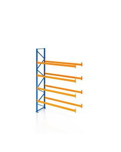 Palettenregal, Anbauregal, 5 Lagerebenen, H6500xB1825xT1100 mm, Fachlast 3800 kg, 10 Palettenplätze, Rahmen blau, Traverse orange