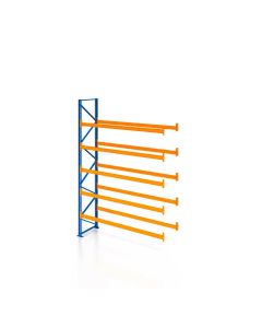 Palettenregal, Anbauregal, 6 Lagerebenen, H7000xB1825xT1100 mm, Fachlast 3800 kg, 12 Palettenplätze, Rahmen blau, Traverse orange