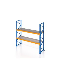 Schwerlastregal, Palettenregal, 4700 kg Fachlast, H6000xB3600xT1100 mm, 3 Lagerebenen mit Gitterrostböden 500 kg/m² Traglast, capriblau - RAL 5019 / hellorange - RAL 2008