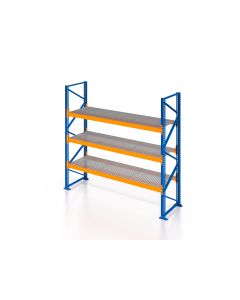 Schwerlastregal, Palettenregal, 3000 kg Fachlast, H4500xB2700xT1100 mm, 4 Lagerebenen mit Gitterrostböden 750 kg/m² Traglast, capriblau - RAL 5019 / hellorange - RAL 2008