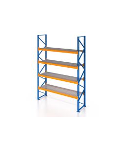 Schwerlastregal, Palettenregal, 3800 kg Fachlast, H5000xB1825xT1100 mm, 5 Lagerebenen mit Gitterrostböden 750 kg/m² Traglast, capriblau - RAL 5019 / hellorange - RAL 2008