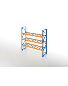 Schwerlastregal, Palettenregal, 3000 kg Fachlast, H7000xB1825xT1100 mm, 4 Lagerebenen mit Drahtgitterböden 750 kg/m² Traglast, capriblau - RAL 5019 / hellorange - RAL 2008