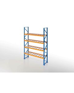 Schwerlastregal, Palettenregal, 3000 kg Fachlast, H3500xB2700xT1100 mm, 5 Lagerebenen mit Drahtgitterböden 750 kg/m² Traglast, capriblau - RAL 5019 / hellorange - RAL 2008