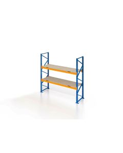Schwerlastregal, Palettenregal, 3000 kg Fachlast, H5500xB3600xT1100 mm, 3 Lagerebenen mit Spanplatten 450 kg/m² Traglast, capriblau - RAL 5019 / hellorange - RAL 2008