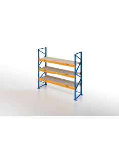 Schwerlastregal, Palettenregal, 3800 kg Fachlast, H4500xB2700xT1100 mm, 4 Lagerebenen mit Spanplatten 450 kg/m² Traglast, capriblau - RAL 5019 / hellorange - RAL 2008