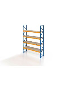 Schwerlastregal, Palettenregal, 3800 kg Fachlast, H5000xB1825xT1100 mm, 5 Lagerebenen mit Spanplatten 450 kg/m² Traglast, capriblau - RAL 5019 / hellorange - RAL 2008