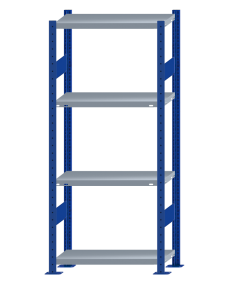 Fachbodenregal Stecksystem, Grundregal, beidseitig nutzbar, H1800xB750xT300, 4 Fachböden, Fachlast 250kg, RAL 5010 enzianblau / verzinkt