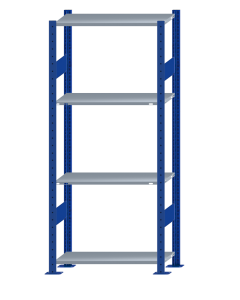 Fachbodenregal Stecksystem, Grundregal, beidseitig nutzbar, H1800xB750xT350, 4 Fachböden, Fachlast 85kg, RAL 5010 enzianblau / verzinkt