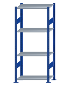 Fachbodenregal Stecksystem, Grundregal, beidseitig nutzbar, H1800xB750xT400, 4 Fachböden, Fachlast 150kg, RAL 5010 enzianblau / verzinkt