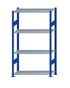Fachbodenregal Stecksystem, Grundregal, beidseitig nutzbar, H1800xB1000xT400, 4 Fachböden, Fachlast 85kg, RAL 5010 enzianblau / verzinkt