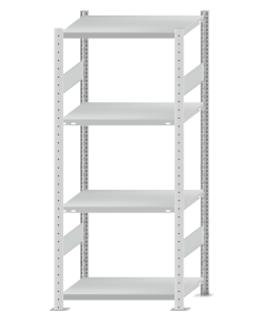 Fachbodenregal Stecksystem, Grundregal, beidseitig nutzbar, H1800xB750xT500, 4 Fachböden, Fachlast 250kg, RAL 7035 lichtgrau