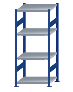 Fachbodenregal Stecksystem, Grundregal, beidseitig nutzbar, H1800xB750xT600, 4 Fachböden, Fachlast 250kg, RAL 5010 enzianblau / verzinkt