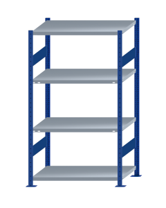 Fachbodenregal Stecksystem, Grundregal, beidseitig nutzbar, H1800xB1000xT600, 4 Fachböden, Fachlast 250kg, RAL 5010 enzianblau / verzinkt