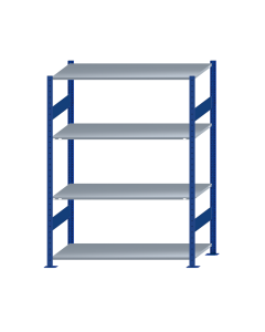 Fachbodenregal Stecksystem, Grundregal, beidseitig nutzbar, H1800xB1300xT600, 4 Fachböden, Fachlast 150kg, RAL 5010 enzianblau / verzinkt