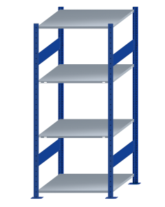 Fachbodenregal Stecksystem, Grundregal, beidseitig nutzbar, H1800xB750xT800, 4 Fachböden, Fachlast 150kg, RAL 5010 enzianblau / verzinkt