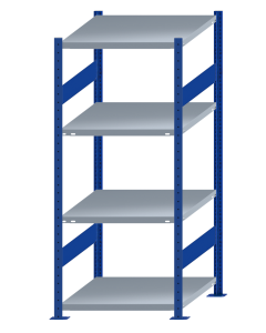 Fachbodenregal Stecksystem, Grundregal, beidseitig nutzbar, H1800xB750xT800, 4 Fachböden, Fachlast 250kg, RAL 5010 enzianblau / verzinkt