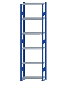 Fachbodenregal Stecksystem, Grundregal, beidseitig nutzbar, H2750xB750xT300, 6 Fachböden, Fachlast 150kg, RAL 5010 enzianblau / verzinkt
