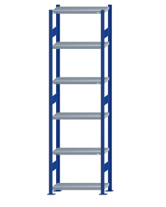 Fachbodenregal Stecksystem, Grundregal, beidseitig nutzbar, H2750xB750xT300, 6 Fachböden, Fachlast 250kg, RAL 5010 enzianblau / verzinkt