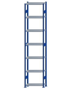 Fachbodenregal Stecksystem, Grundregal, beidseitig nutzbar, H3500xB750xT300, 7 Fachböden, Fachlast 250kg, RAL 5010 enzianblau / verzinkt