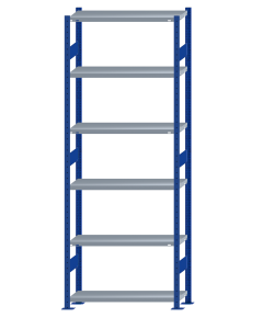Fachbodenregal Stecksystem, Grundregal, beidseitig nutzbar, H2750xB1000xT300, 6 Fachböden, Fachlast 250kg, RAL 5010 enzianblau / verzinkt