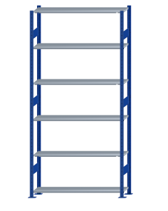 Fachbodenregal Stecksystem, Grundregal, beidseitig nutzbar, H2750xB1300xT300, 6 Fachböden, Fachlast 85kg, RAL 5010 enzianblau / verzinkt