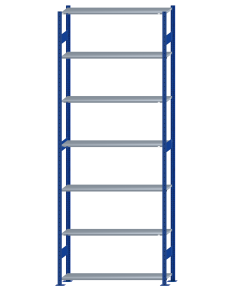 Fachbodenregal Stecksystem, Grundregal, beidseitig nutzbar, H3500xB1300xT300, 7 Fachböden, Fachlast 150kg, RAL 5010 enzianblau / verzinkt
