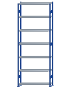 Fachbodenregal Stecksystem, Grundregal, beidseitig nutzbar, H3500xB1300xT300, 7 Fachböden, Fachlast 250kg, RAL 5010 enzianblau / verzinkt